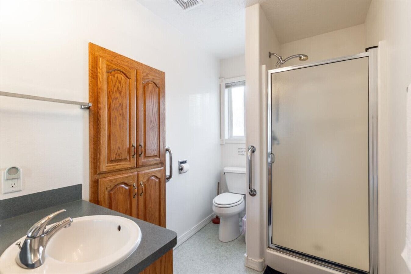 Een badkamer met een houten wastafelmeubel, een wastafel, een toilet en een inloopdouche.