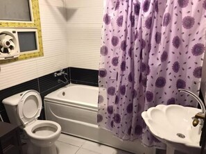 Hair dryer, bidet, towels, soap