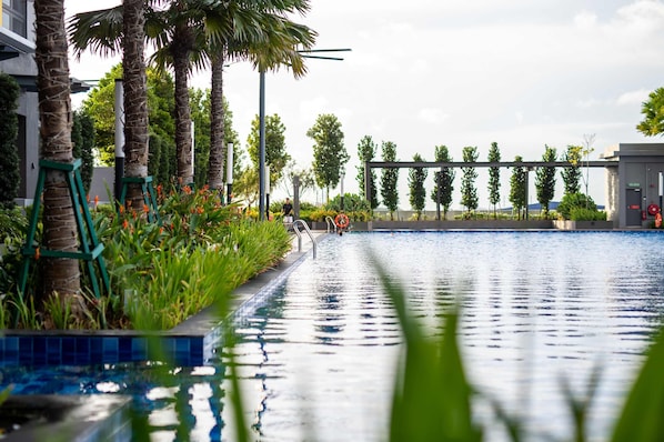 A swimming pool with palm trees and a pergola.
