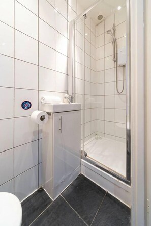 Shower, hair dryer, towels