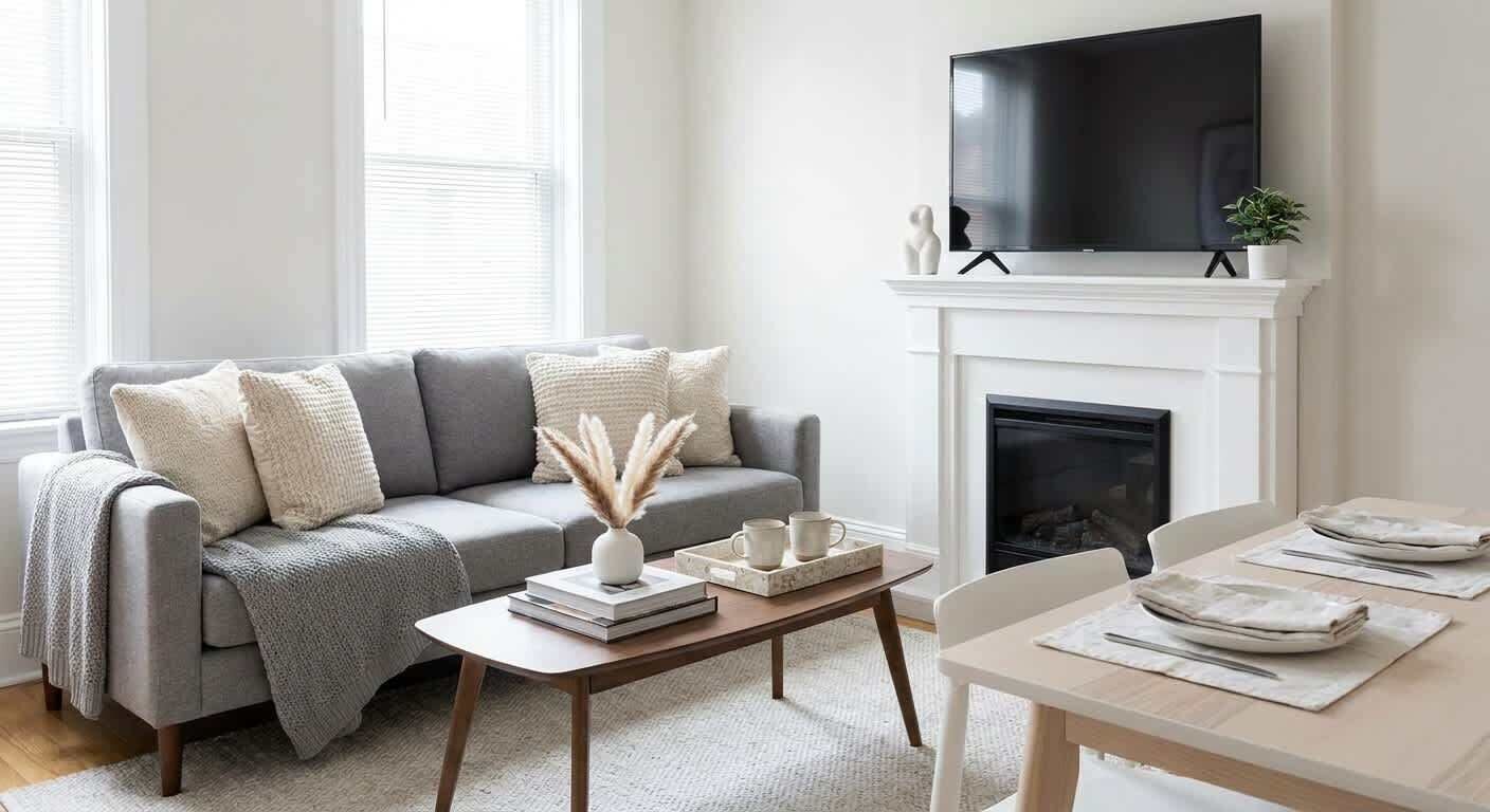 Una sala de estar moderna con un sofá gris, una mesa de centro, una chimenea y un televisor de pantalla plana montado encima.
