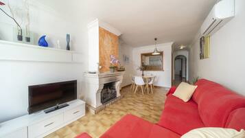 Televisie, een open haard en een dvd-speler