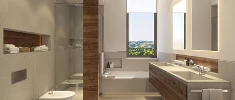 A modern bathroom with a large window, a bathtub, two sinks, and a shower.
