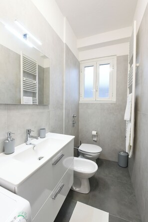 Chuveiro, secador de cabelo, bidê, toalhas de banho