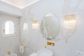 Shower, hair dryer, bidet, towels