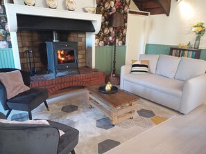 Una televisión, una chimenea