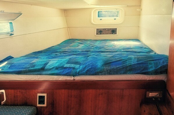 A small cabin with a single bed, a small window, and a control panel. - Sleep Under the Stars on a Sailing Catamaran near Amsterdam (Monnickendam)