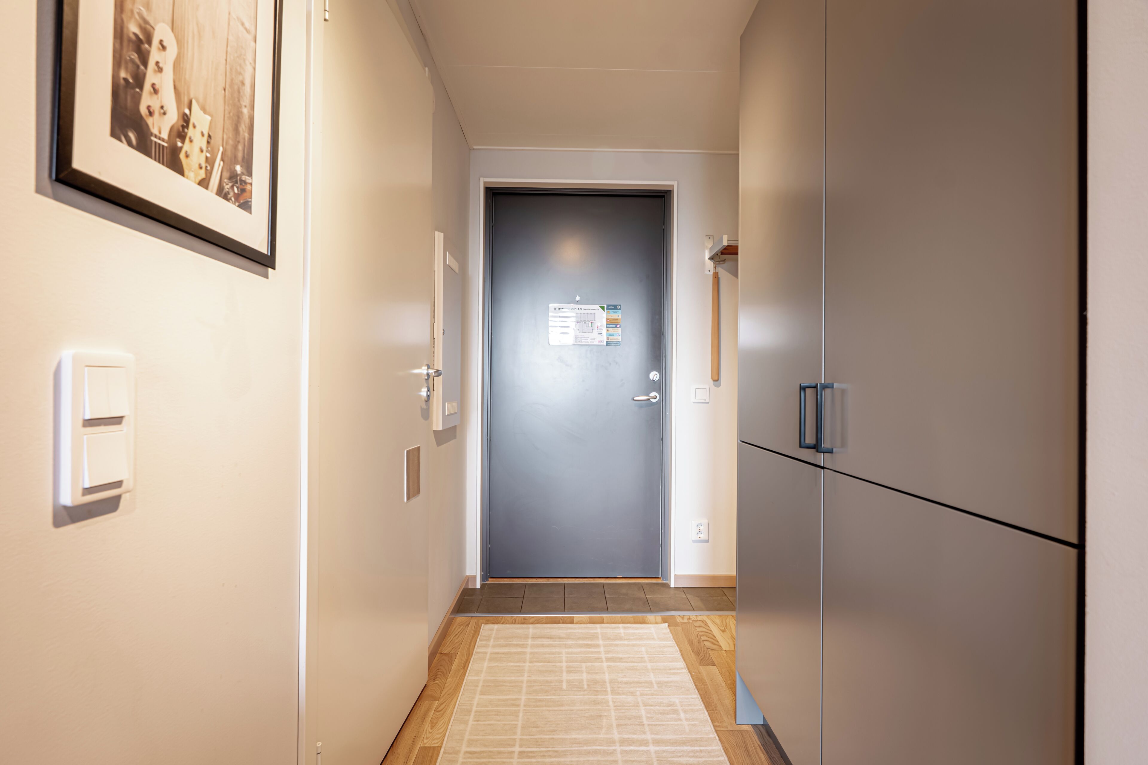 Un pasillo con una puerta, un cuadro en la pared y un interruptor de luz.
