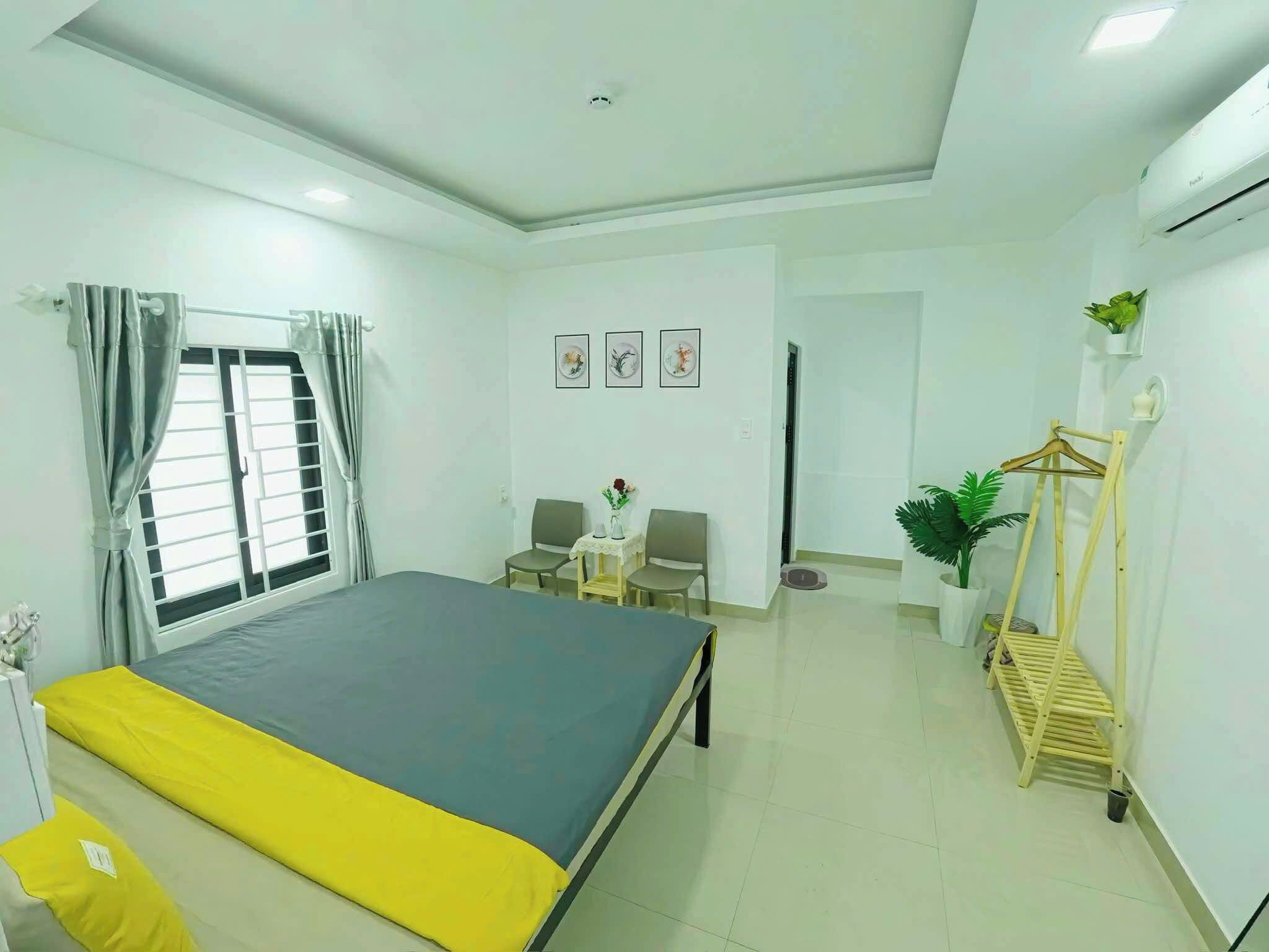 A hotel room with a bed, a desk, chairs, a small table, a potted plant, and a wooden rack.