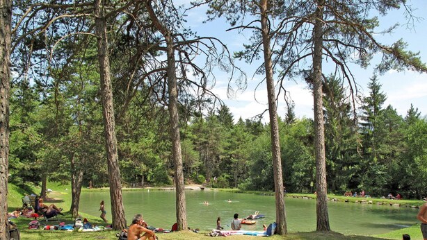 En park vid sjön med picknickområden, träd och människor som kopplar av vid vattnet.