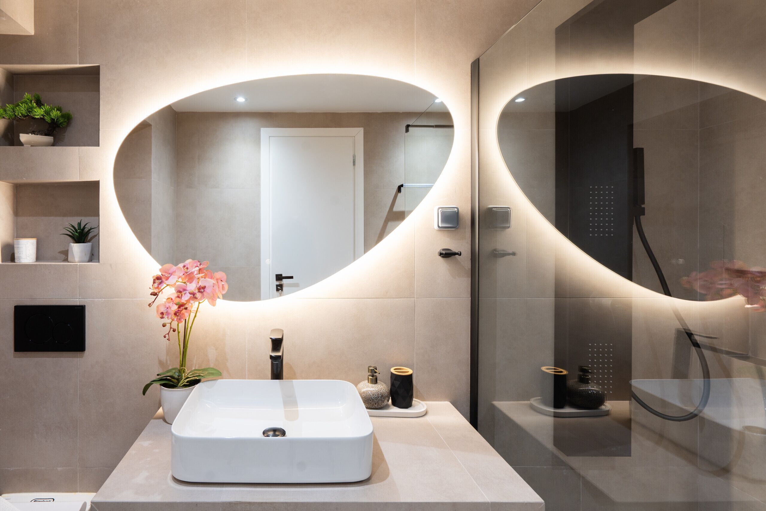 Shower, hair dryer, soap, shampoo