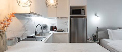 Fridge, microwave, coffee/tea maker, electric kettle