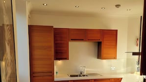 Una cocina moderna con armarios de madera, un lavamanos de acero inoxidable e iluminación empotrada en el techo.