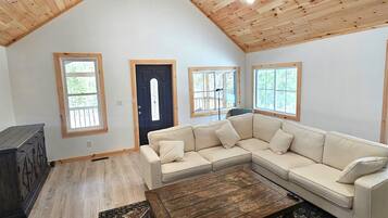 Smart TV, chimenea, libros y oficina