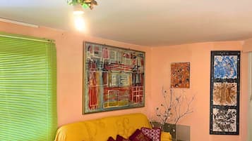 TV connectée, cheminée, livres, chaîne hi-fi