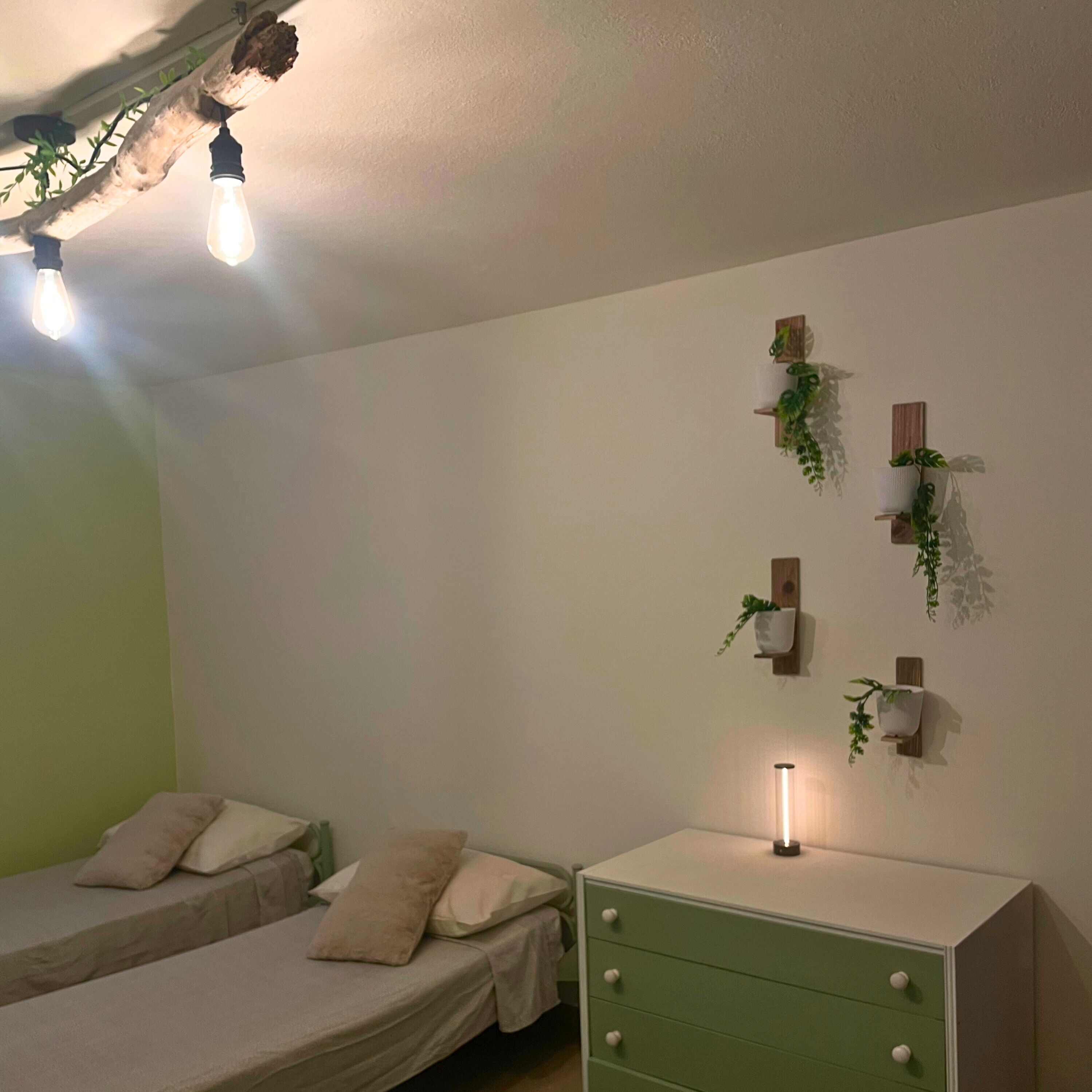 A bedroom with two beds, a green dresser, wall-mounted planters, and hanging light fixtures.