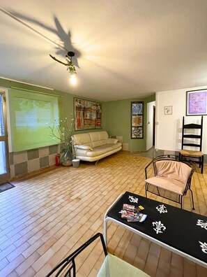 Smart TV, fireplace, books, stereo