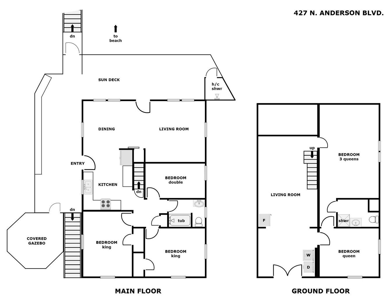 A floor plan of a building with a covered gazebo, dining area, kitchen, multiple bedrooms, and a sun deck.