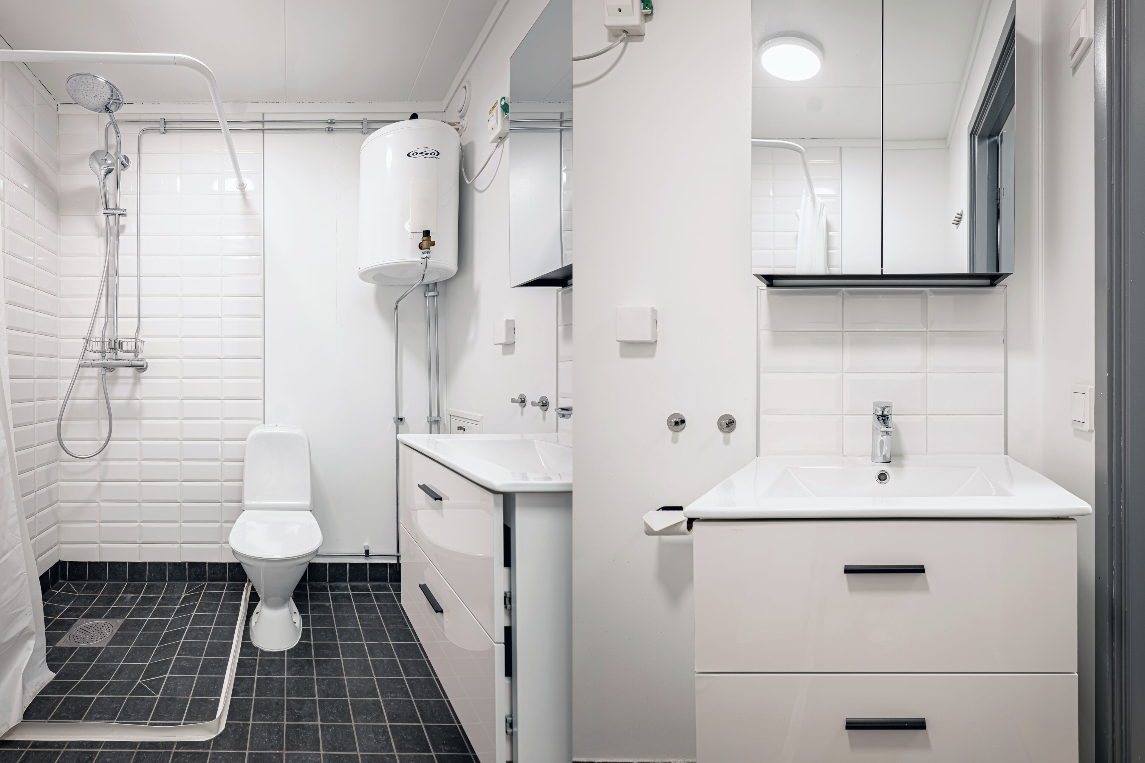 A modern bathroom with a toilet, shower, and sink.
