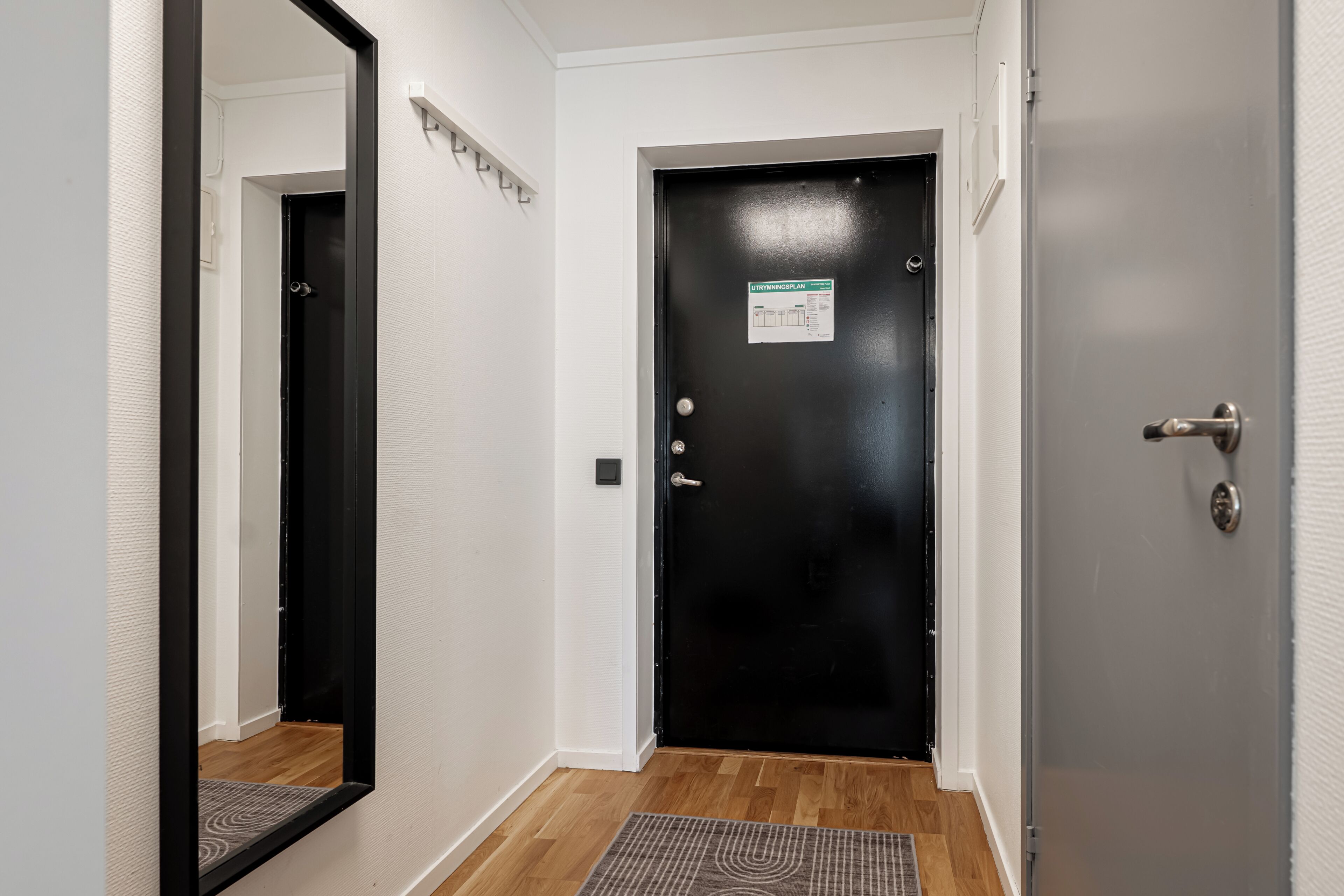 Un pasillo con una puerta negra, un espejo, una pequeña alfombra y un interruptor de luz en la pared.