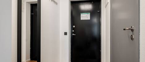 Un pasillo con una puerta negra, un espejo, una pequeña alfombra y un interruptor de luz en la pared.