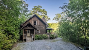 Un rustico chalet in legno con un portico, immerso in una fitta foresta.