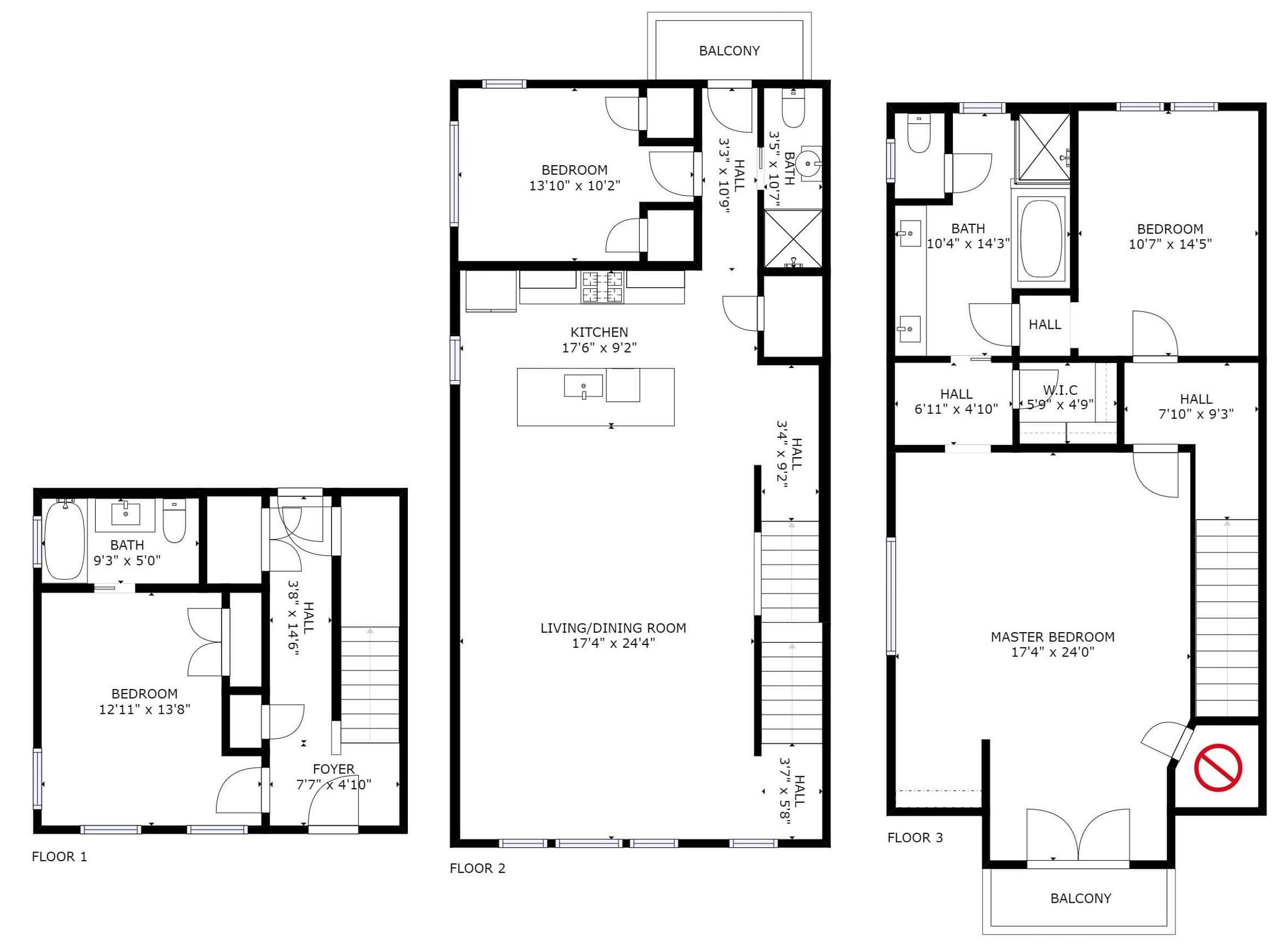 Un appartement de trois étages avec balcon, comprenant une chambre principale, un salon/salle à manger, une cuisine, deux salles de bain et deux couloirs.