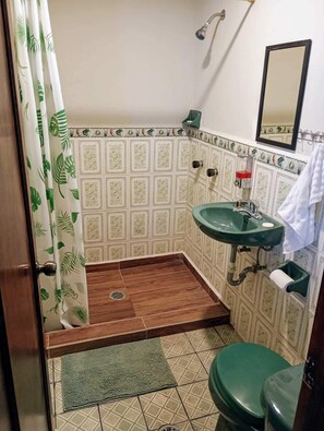 A bathroom with a green sink, toilet, and shower. The walls have a patterned tile design. - cabañas en arcos del sitio (Nicolás Romero)