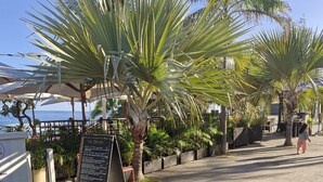 A coastal outdoor seating area with palm trees, a signboard, and a view of the sea. - Luxury apartment 25m from the island's most beautiful beach, Boucan Canot. (Saint-Paul)
