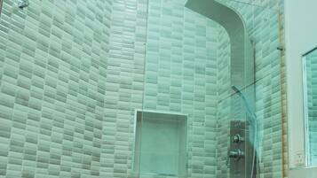 Shower, eco-friendly toiletries, bidet, towels