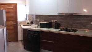 Een kleine keuken met een vaatwasser, kookplaat en magnetron.