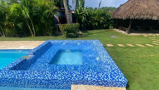 Une piscine rectangulaire bordée de mosaïques bleues, entourée d’une pelouse bien entretenue et de palmiers.