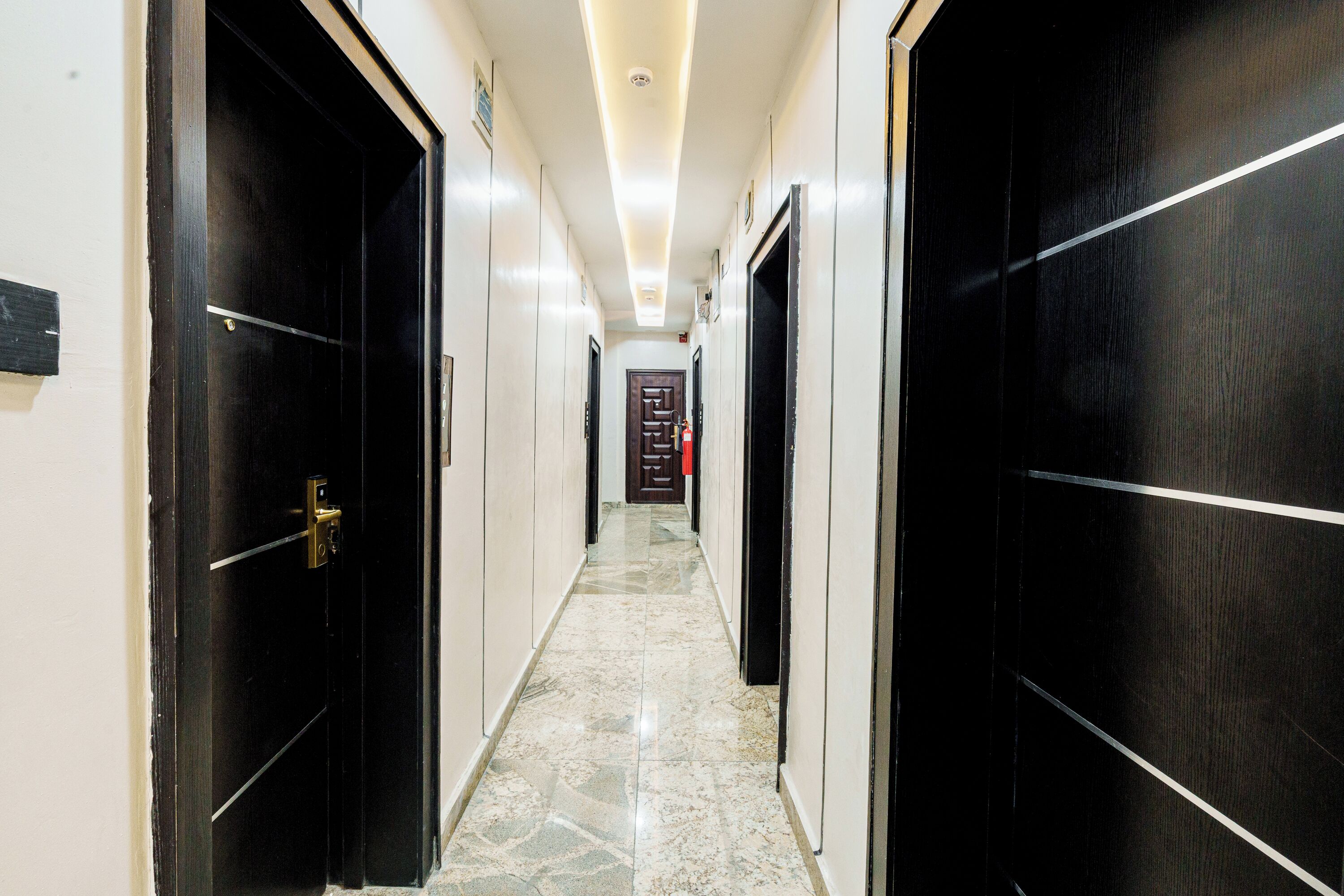 A hallway with dark wooden doors, a marble floor, and a ceiling light.