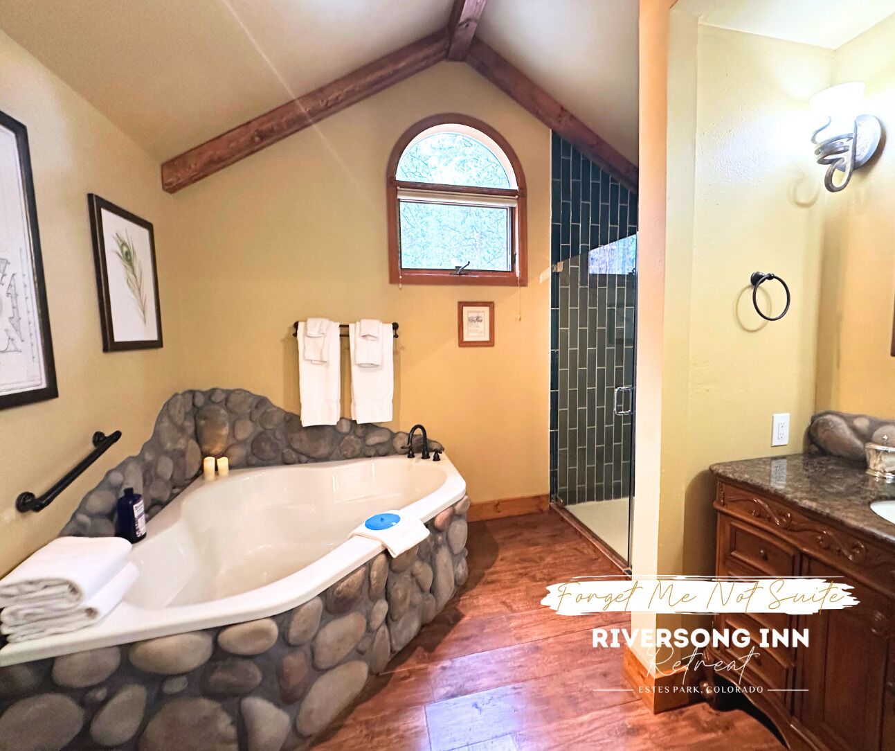 Shower, jetted tub, hair dryer, towels