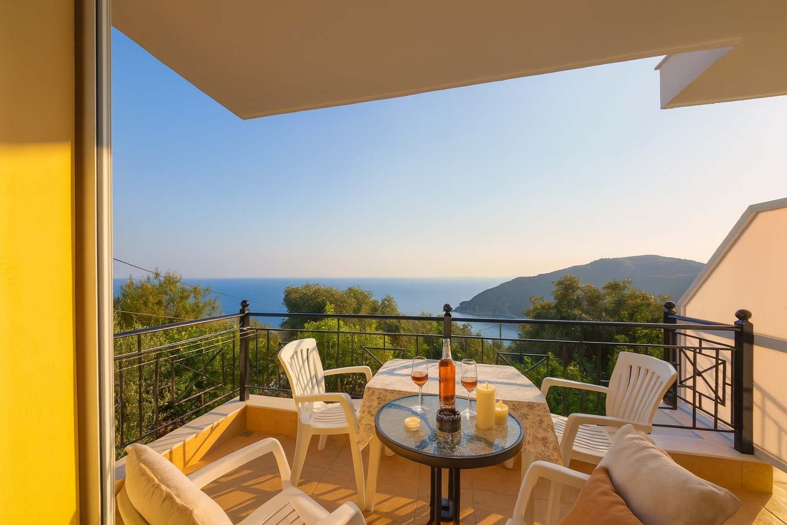 A balcony with a table and chairs, overlooking a scenic view of the sea and hills.