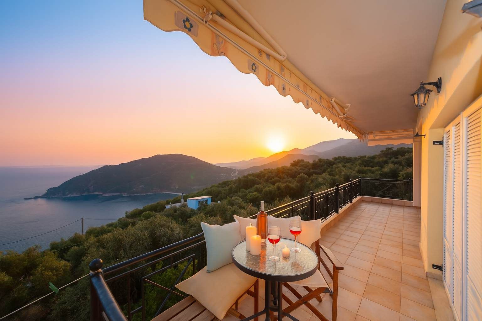 A balcony with a table set for two, overlooking a coastal landscape with mountains and the sea during sunset.