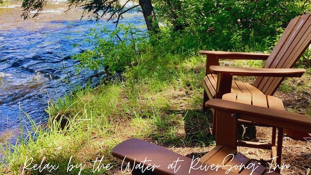 A wooden bench by a river with greenery in the background. - Chiming Bells Suite at RiverSong Inn in Estes Park - Riverside in Rocky Mountain National Park (Estes Park)