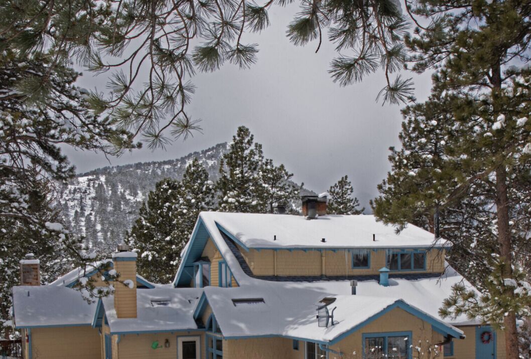 A two-story building with a snow-covered roof, surrounded by pine trees.