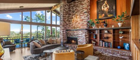 TV connectée, cheminée, lecteur de DVD, livres