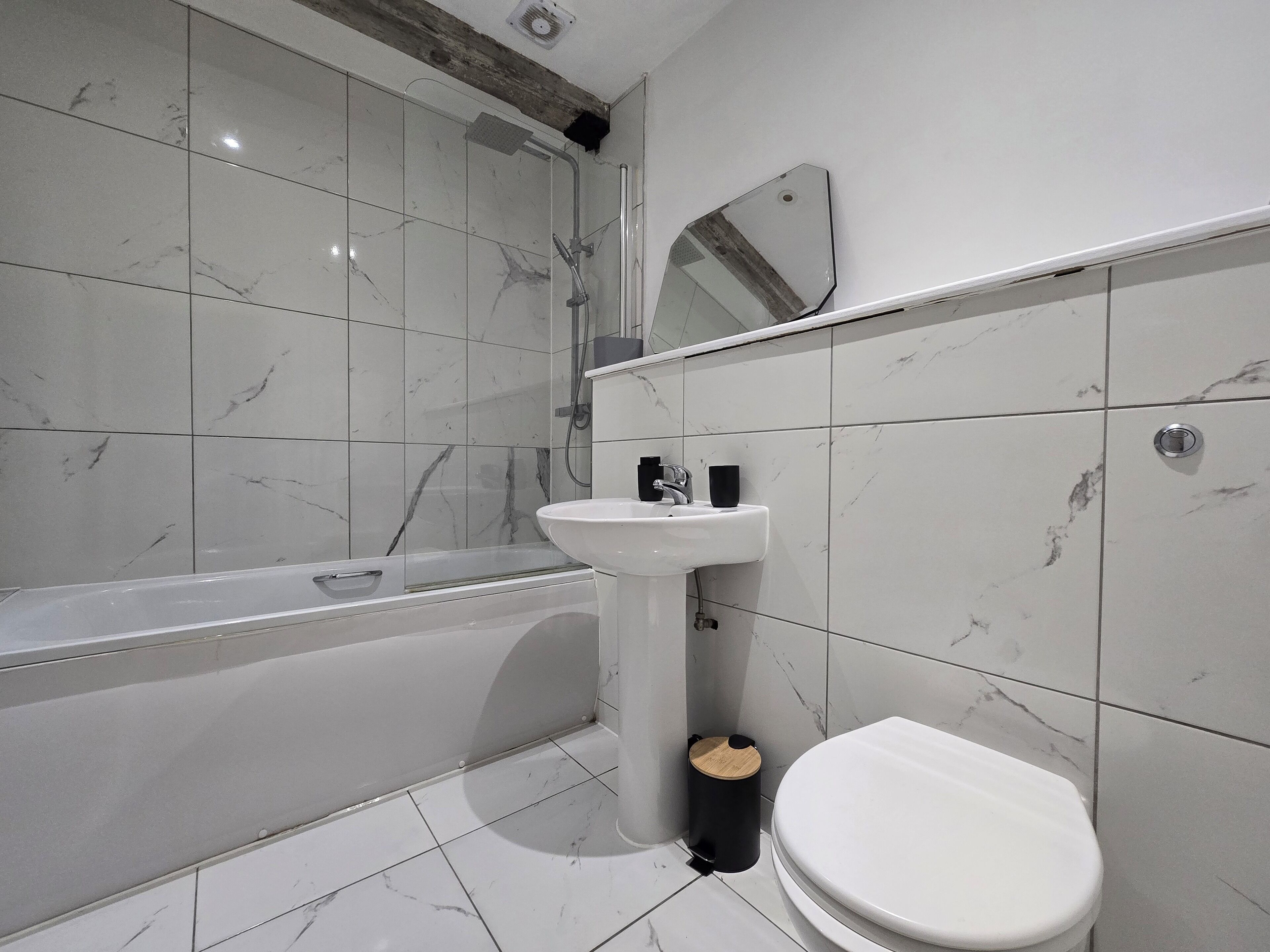 Hair dryer, towels, soap, toilet paper