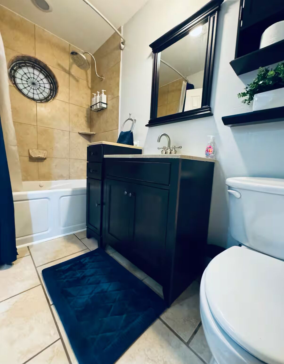 Jetted tub, hair dryer, towels, soap
