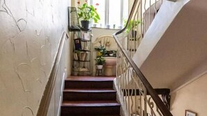 Un escalier avec une rampe en métal, menant à une pièce dotée d’une fenêtre et d’une plante posée sur une étagère.