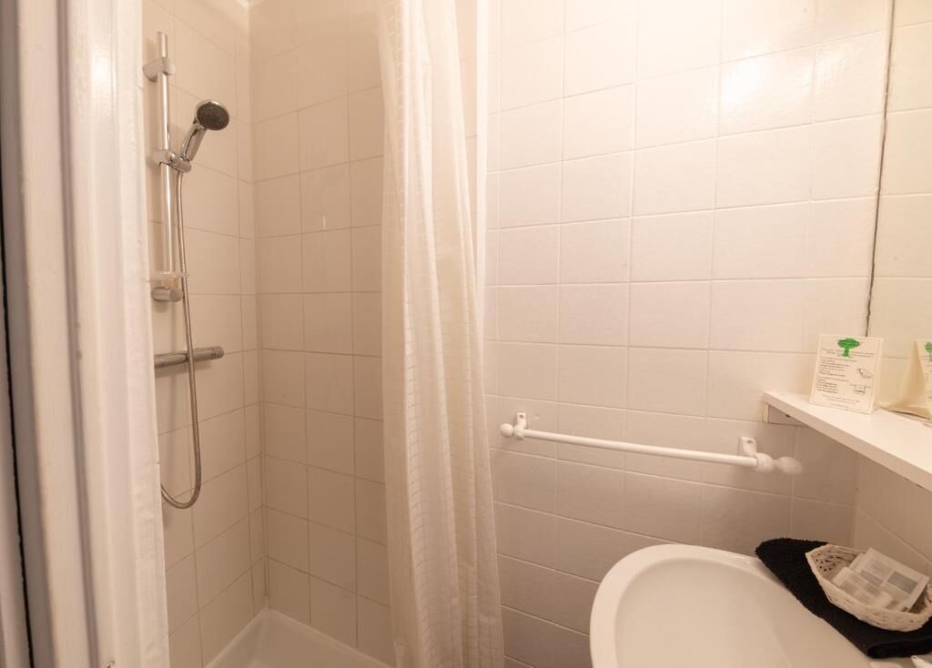A bathroom with a shower, toilet, and a towel rack.