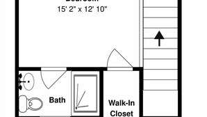 A floor plan with a bedroom measuring 15'2' x 12'10', a walk-in closet, and a bath. - The Salty Dog at Copano Bay | Bay Views (Rockport)