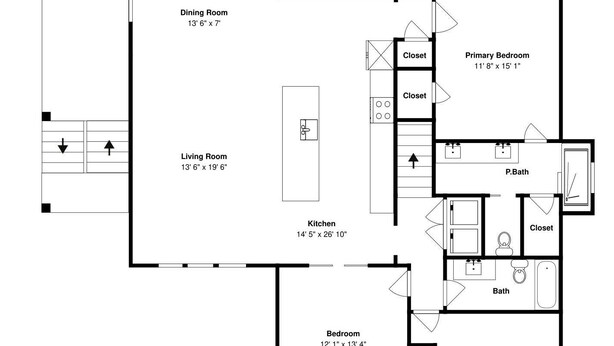 A floor plan with a dining room, living room, kitchen, two bedrooms, and a bathroom. - The Salty Dog at Copano Bay | Bay Views (Rockport)