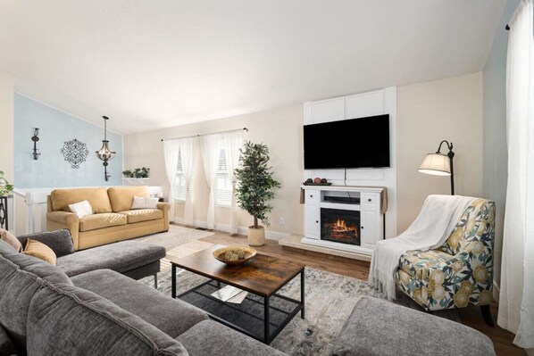 TV, fireplace