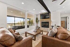 Smart TV, fireplace, foosball