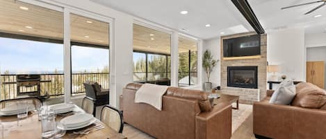 Smart TV, fireplace, table football