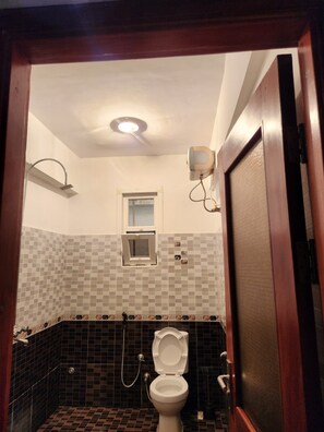 Shower, towels, soap, toilet paper