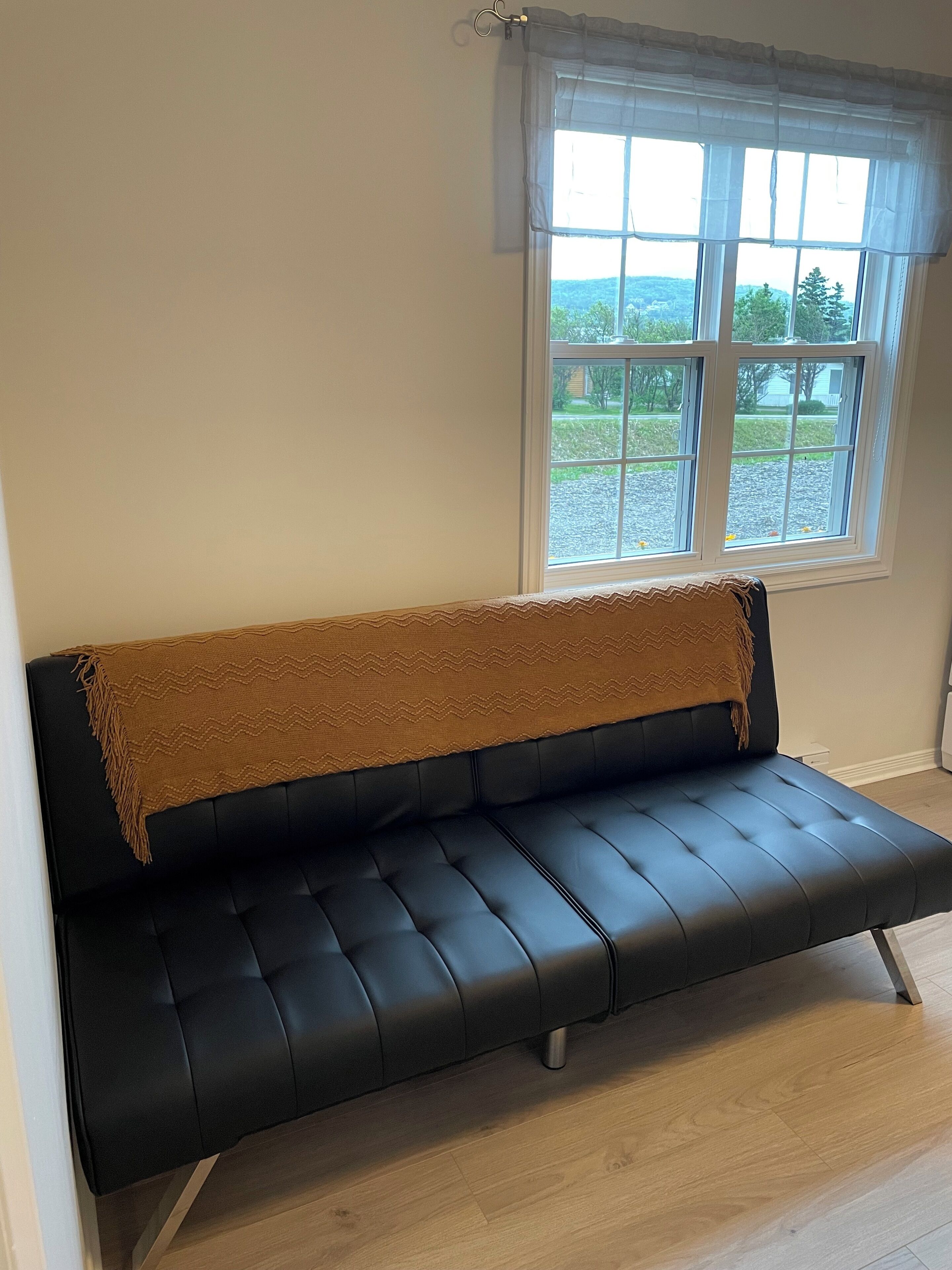 A black leather sofa with a brown throw blanket, positioned against a wall with a window overlooking a garden.